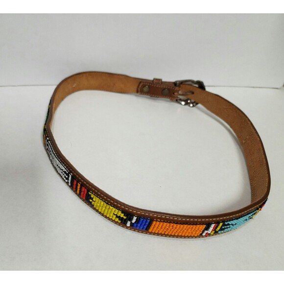 REI Womens Beaded Leather Waist Belt Brown Multicolor Colorful #309025 Size M - Picture 3 of 12
